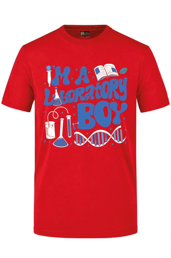Laboratory Boy Baskılı Kısa Kol Kırmızı Tişört (%100 Pamuk Penye Kumaş)