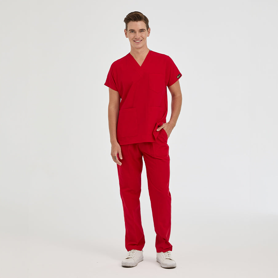 Kırmızı Dr. Greys Doktor Hemşire Medikal Scrubs Takım Terikoton Kumaş