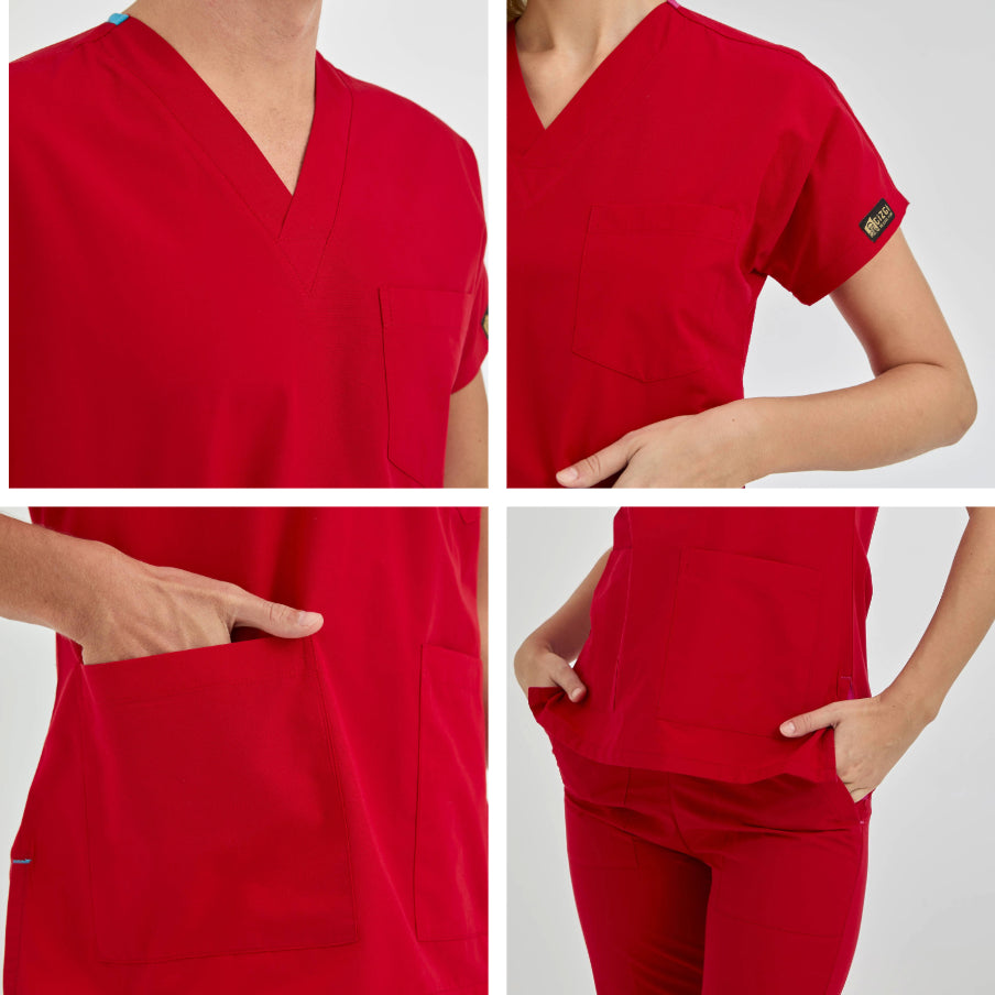 Kırmızı Dr. Greys Doktor Hemşire Medikal Scrubs Takım Terikoton Kumaş