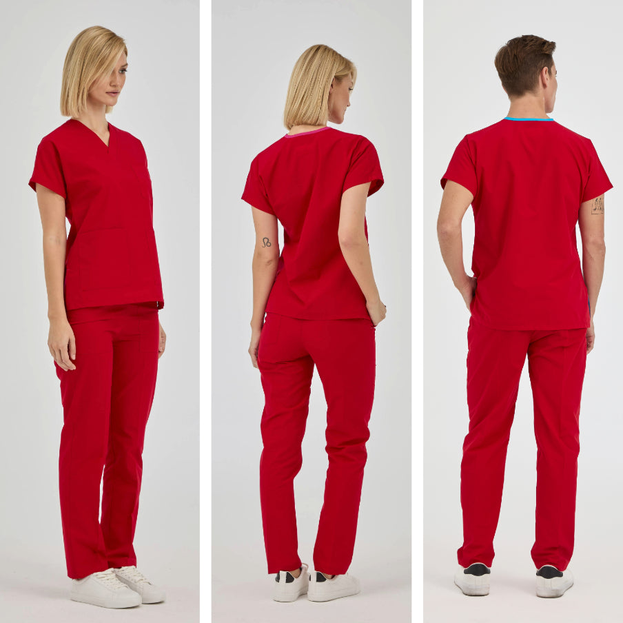 Kırmızı Dr. Greys Doktor Hemşire Medikal Scrubs Takım Terikoton Kumaş