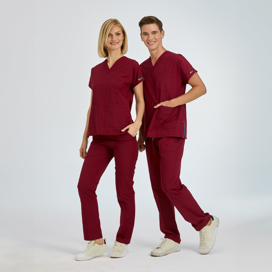Bordo Dr. Greys Doktor Hemşire Medikal Scrubs Takım Terikoton Kumaş