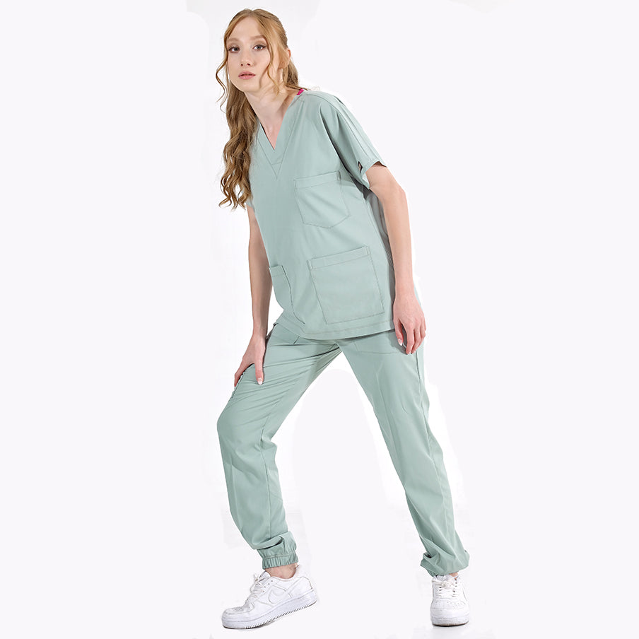 Mint Yeşili Jogger Doktor Hemşire Medikal Scrubs Takım Lüks Likralı Kumaş