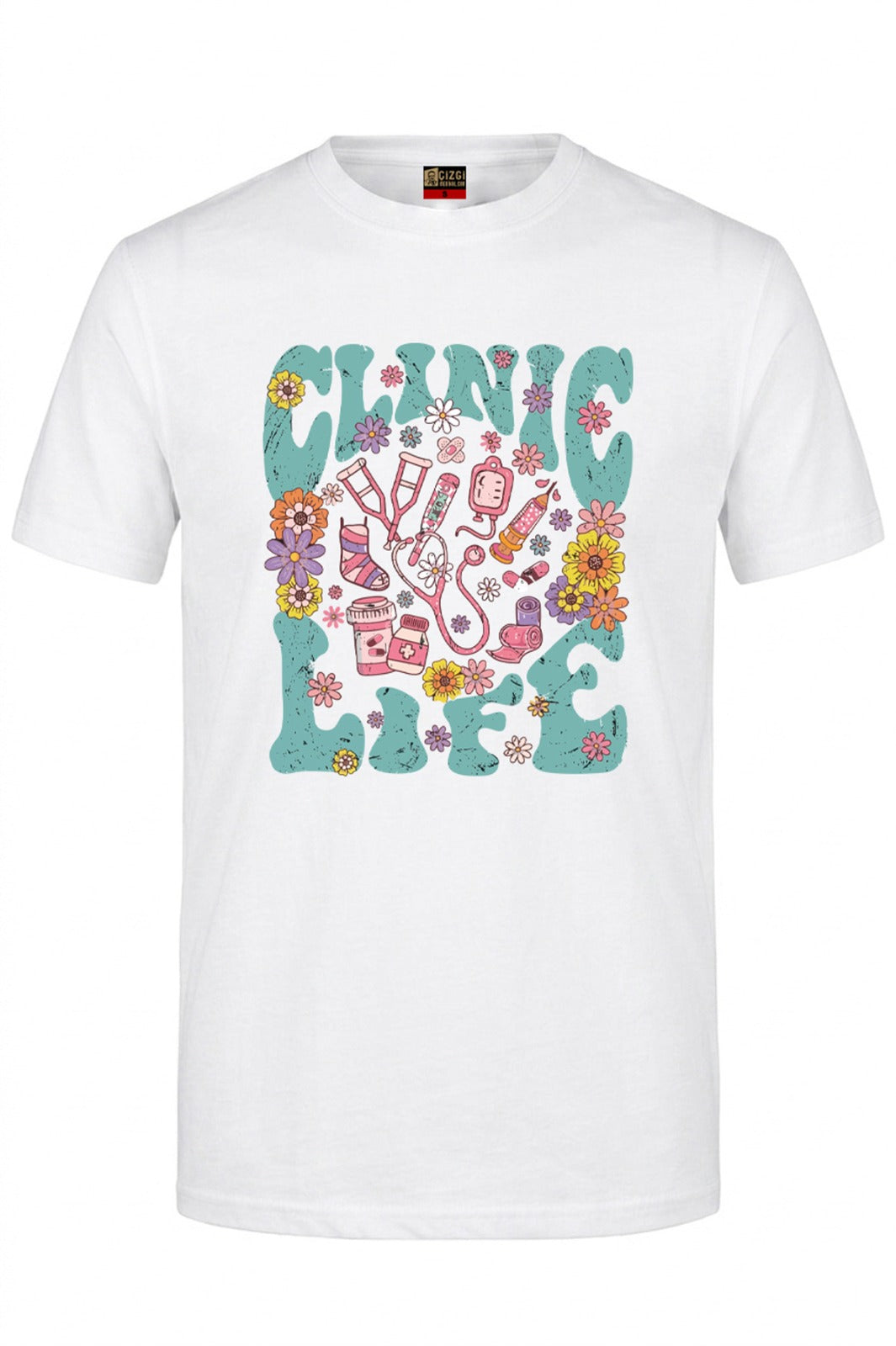 Clinic Life Baskılı Kısa Kol Beyaz Tişört (%100 Pamuk Penye Kumaş)