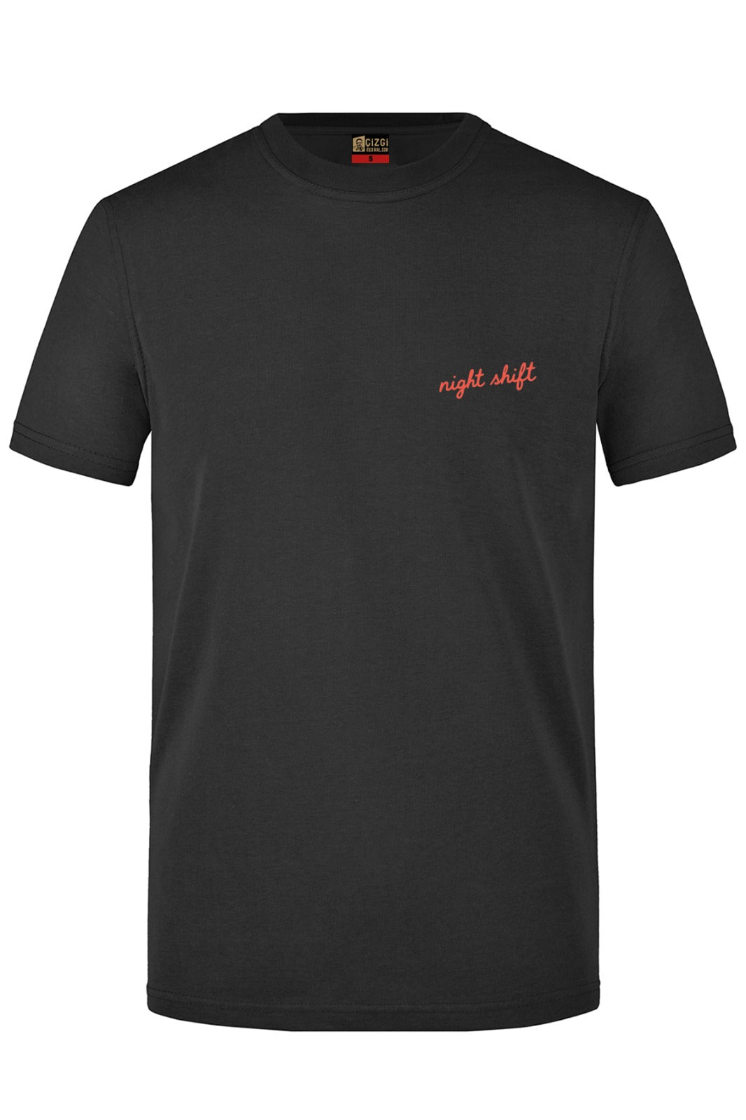 Night Shift Baskılı Kısa Kol Siyah Tişört (%100 Pamuk Penye Kumaş)