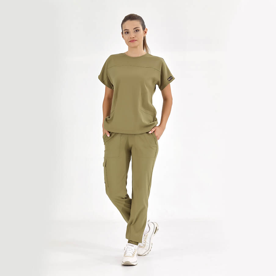 Haki Basic Doktor Hemşire Medikal Scrubs Takım Lüks Likralı Kumaş