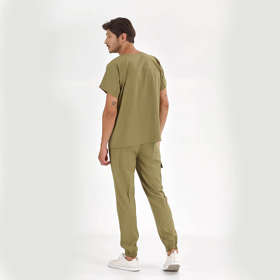 Haki Basic Doktor Hemşire Medikal Scrubs Takım Lüks Likralı Kumaş