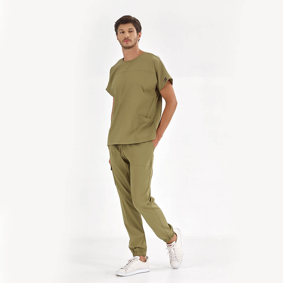 Haki Basic Doktor Hemşire Medikal Scrubs Takım Lüks Likralı Kumaş