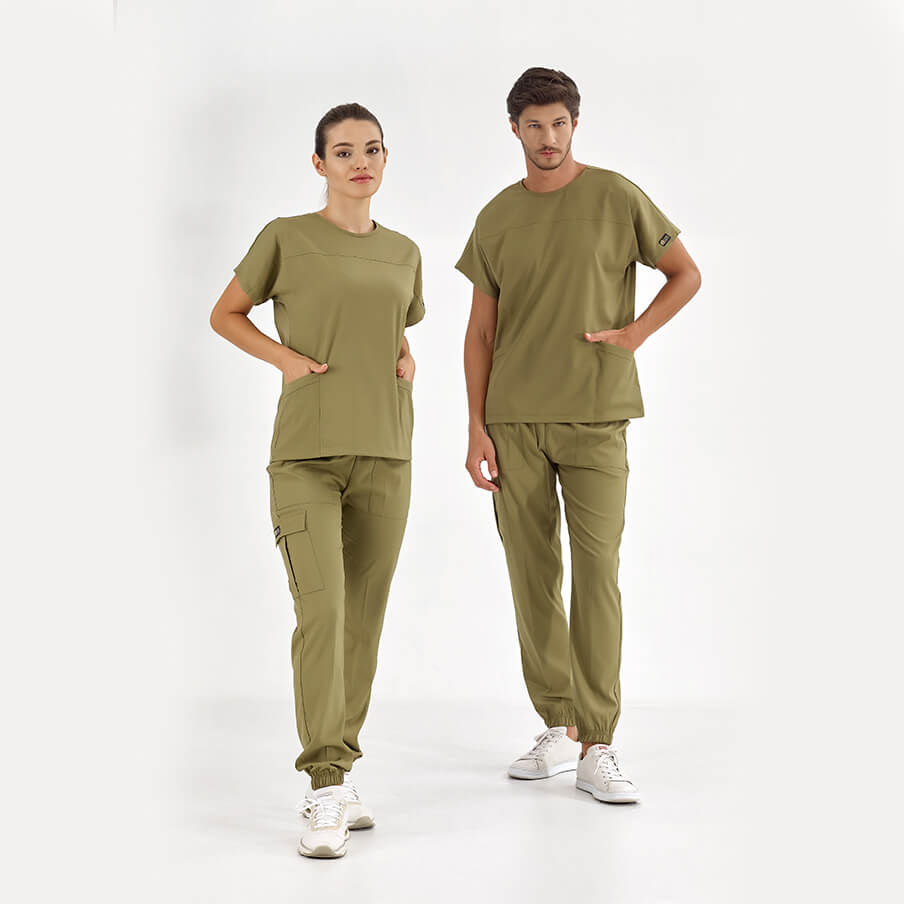 Haki Basic Doktor Hemşire Medikal Scrubs Takım Lüks Likralı Kumaş