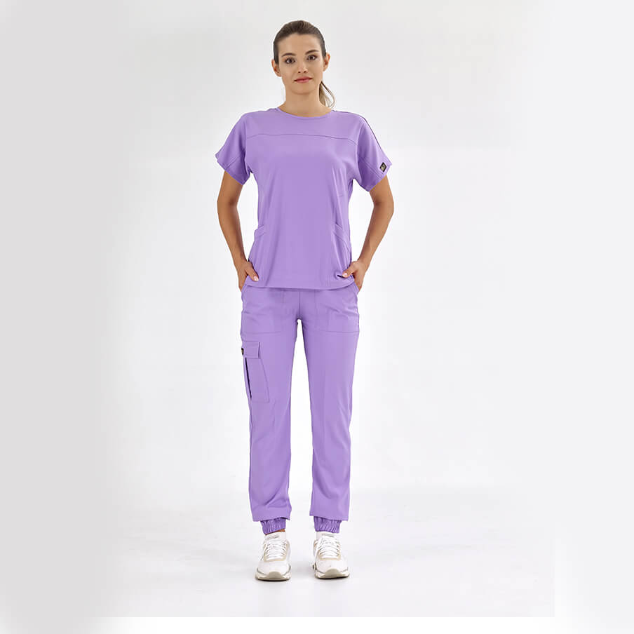 Lila Basic Doktor Hemşire Medikal Scrubs Takım Lüks Likralı Kumaş