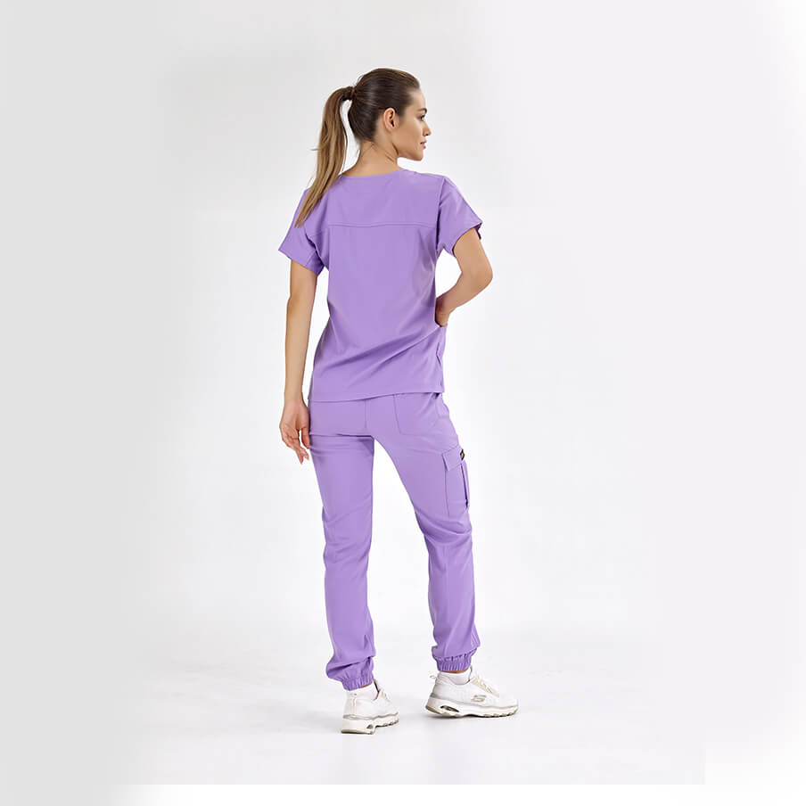 Lila Basic Doktor Hemşire Medikal Scrubs Takım Lüks Likralı Kumaş