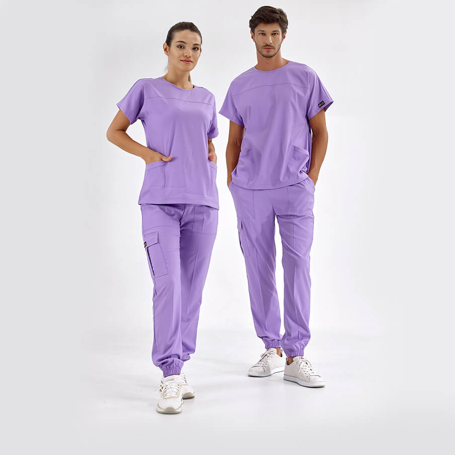 Lila Basic Doktor Hemşire Medikal Scrubs Takım Lüks Likralı Kumaş