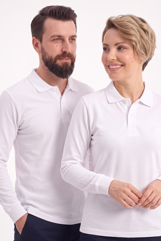 Beyaz Polo Yaka Uzun Kol İş Sweatshirtü Penye Lacoste Kumaş