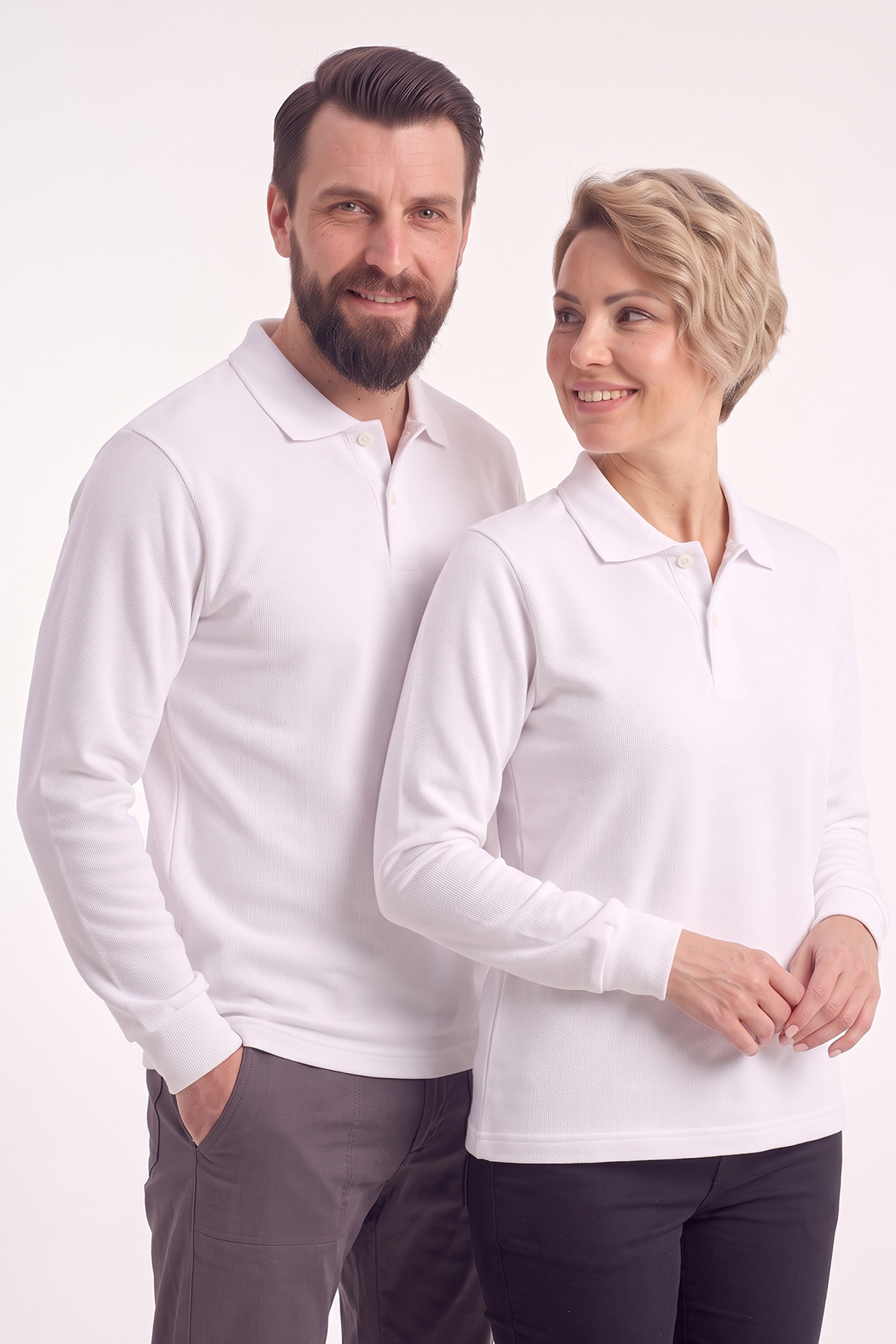 Beyaz Polo Yaka İş Sweatshirt 3 İplik Şardonlu