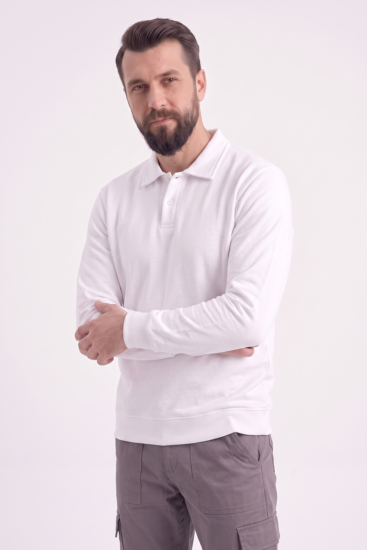 Beyaz Polo Yaka İş Sweatshirt 2 İplik