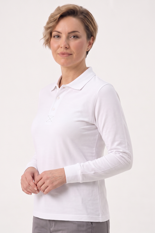 Beyaz Polo Yaka Uzun Kol İş Sweatshirtü Penye Lacoste Kumaş