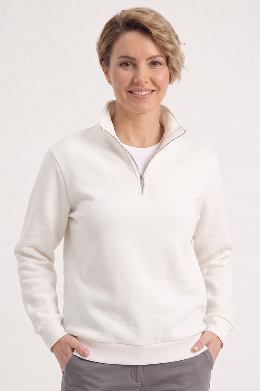 Beyaz Dik Yaka Yarım Fermuarlı İş Sweatshirt 3 İplik