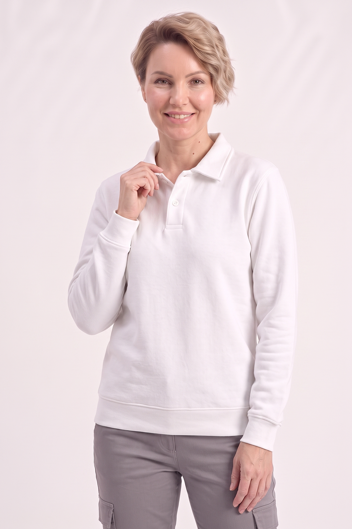 Beyaz Polo Yaka İş Sweatshirt 3 İplik