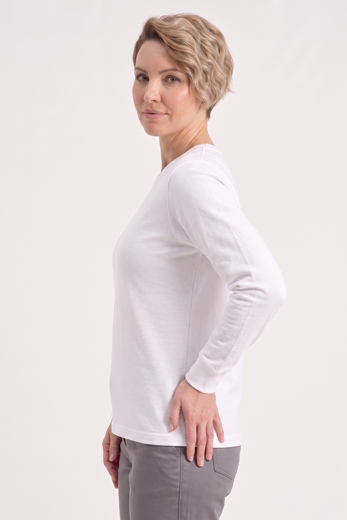 Beyaz Yuvarlak Yaka İş Sweatshirt 2 İplik