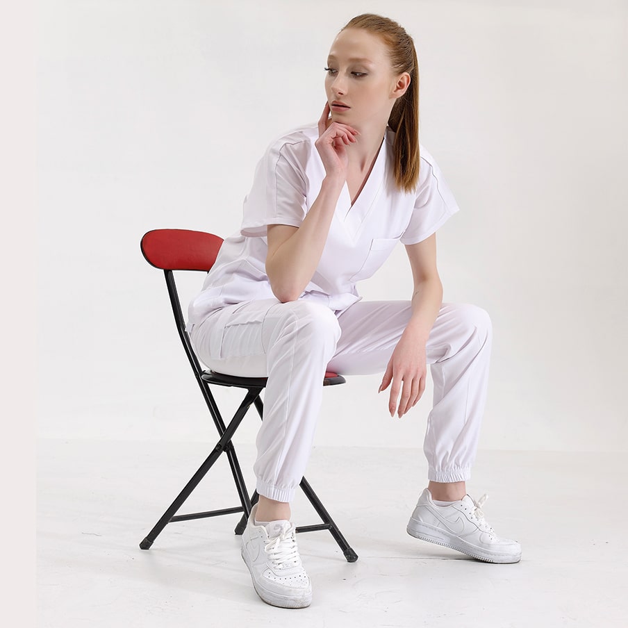 Beyaz Jogger Doktor Hemşire Medikal Scrubs Takım Lüks Likralı Kumaş