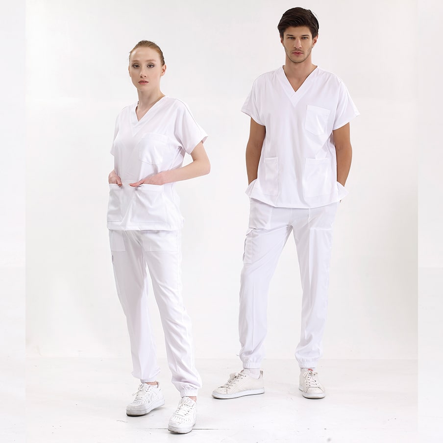Beyaz Jogger Doktor Hemşire Medikal Scrubs Takım Lüks Likralı Kumaş