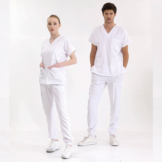 Beyaz Jogger Doktor Hemşire Medikal Scrubs Takım Lüks Likralı Kumaş