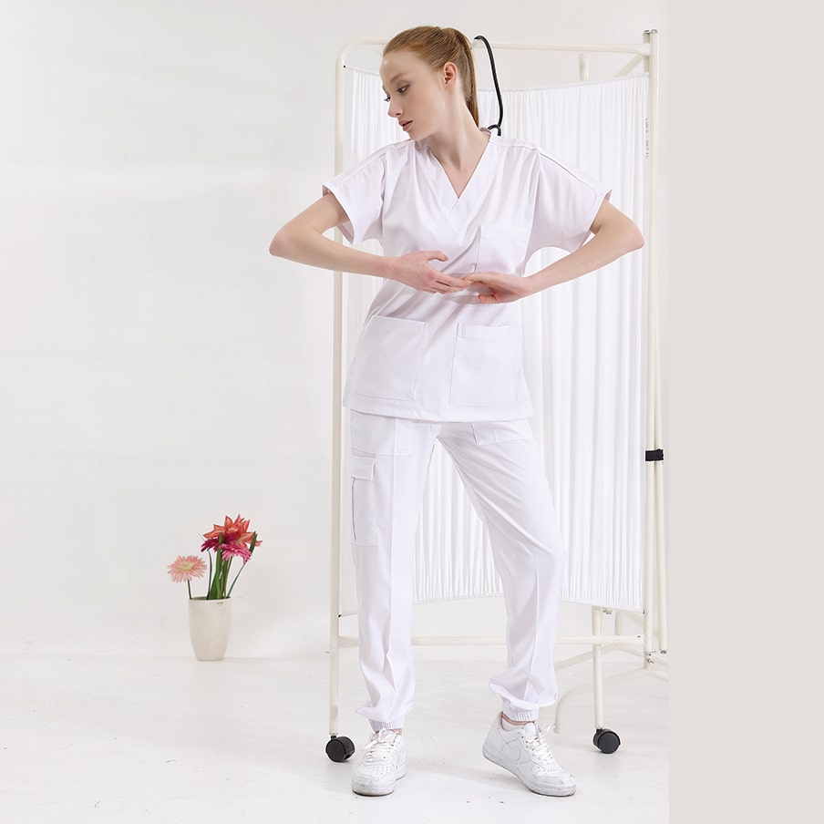 Beyaz Jogger Doktor Hemşire Medikal Scrubs Takım Lüks Likralı Kumaş