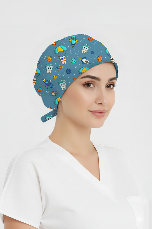 Astronot Dişler Desenli Bone (Cotton Likra Kumaş)