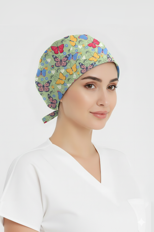 Kelebek Bahçesi Desenli Bone (Cotton Likra Kumaş)