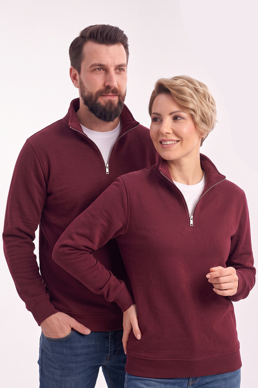 Bordo Dik Yaka Yarım Fermuarlı İş Sweatshirt 3 İplik