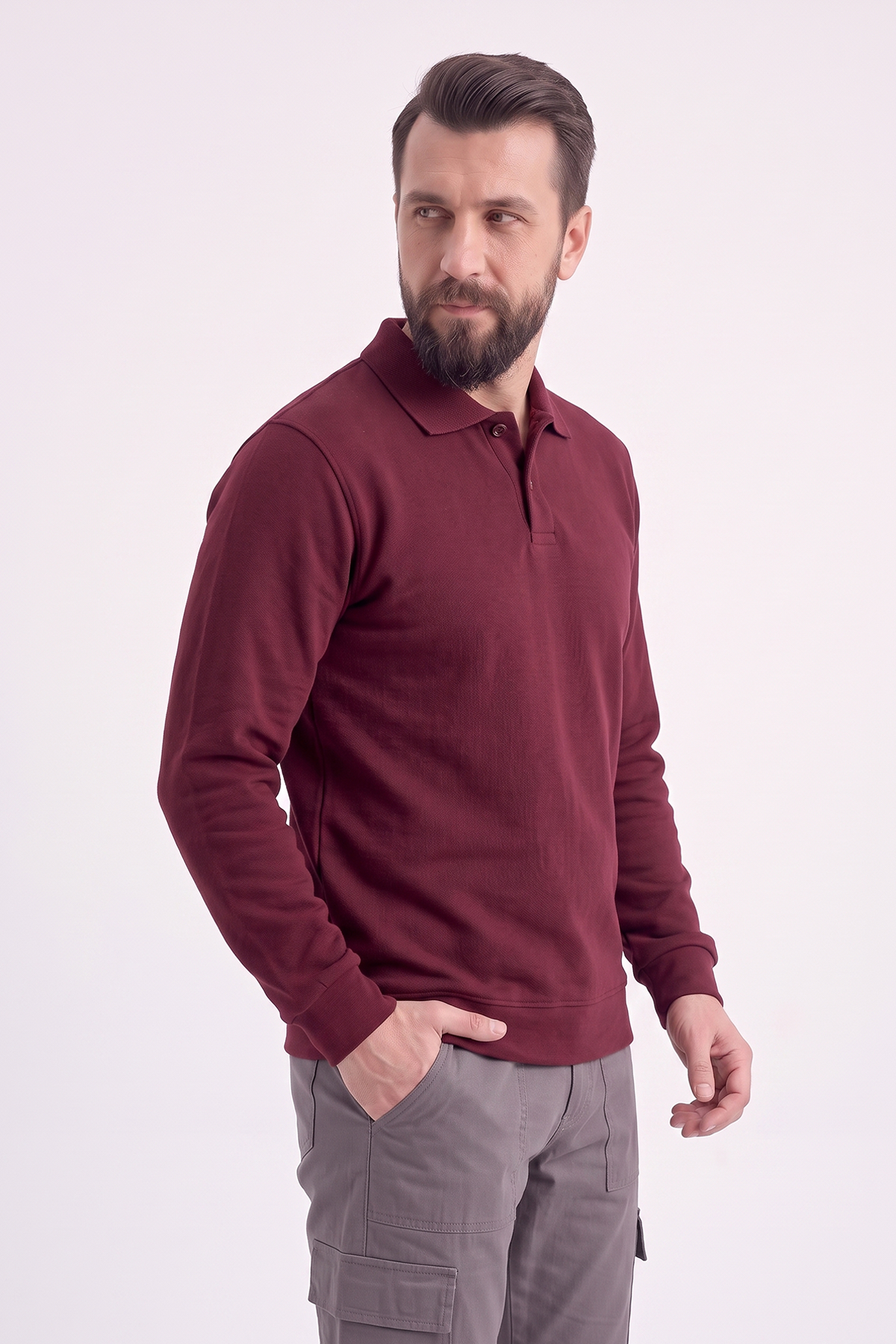 Bordo Polo Yaka İş Sweatshirt 3 İplik Şardonlu