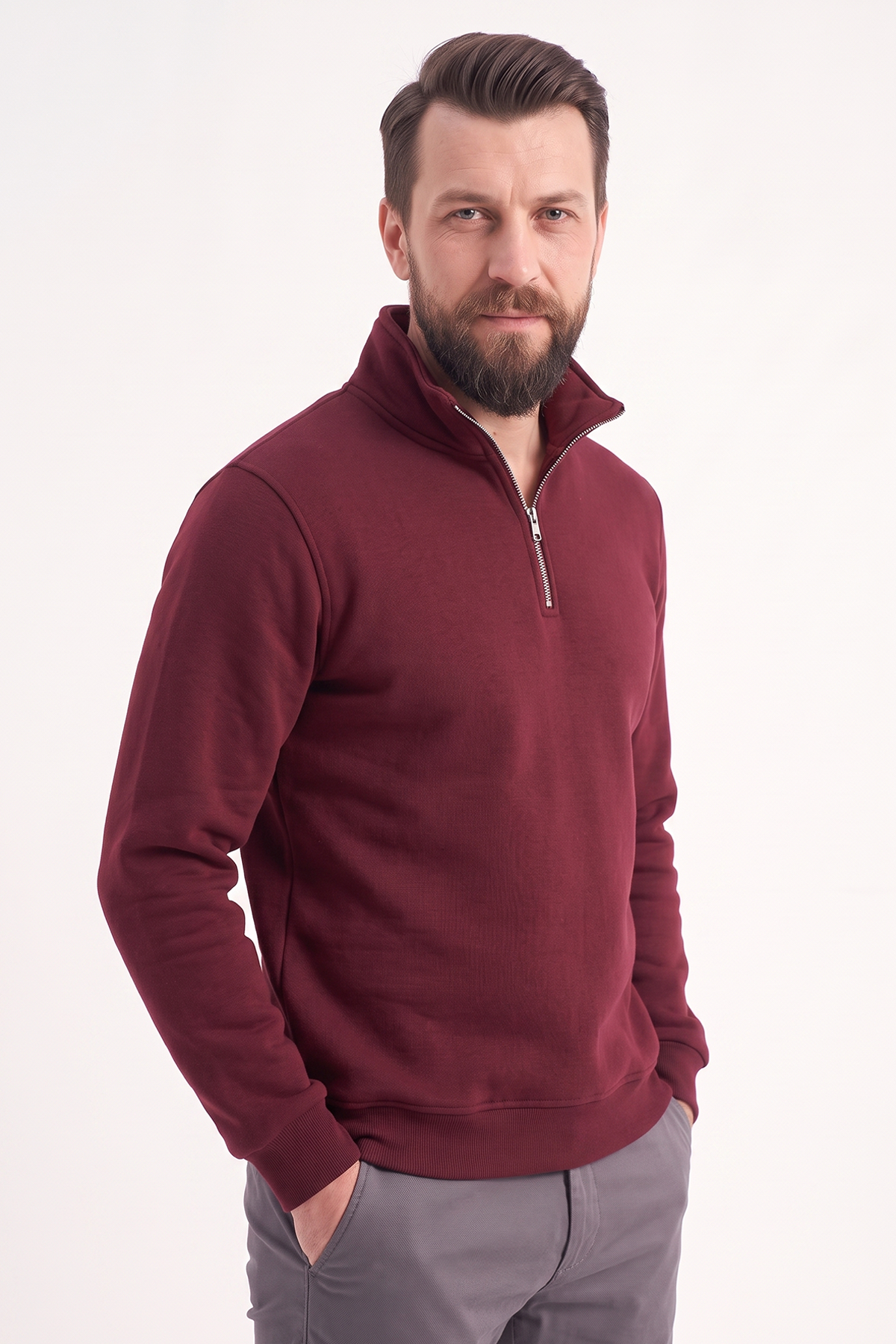 Bordo Dik Yaka Yarım Fermuarlı İş Sweatshirt 3 İplik