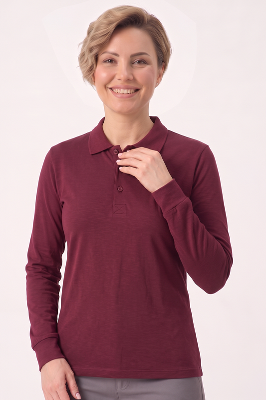 Bordo Polo Yaka Uzun Kol İş Sweatshirtü Penye Lacoste Kumaş