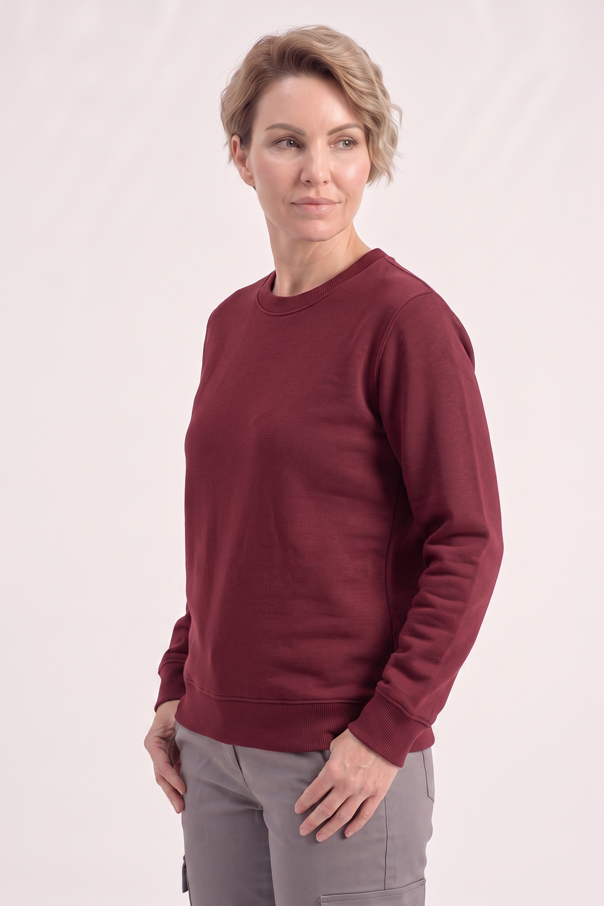 Bordo Yuvarlak Yaka İş Sweatshirt 2 İplik