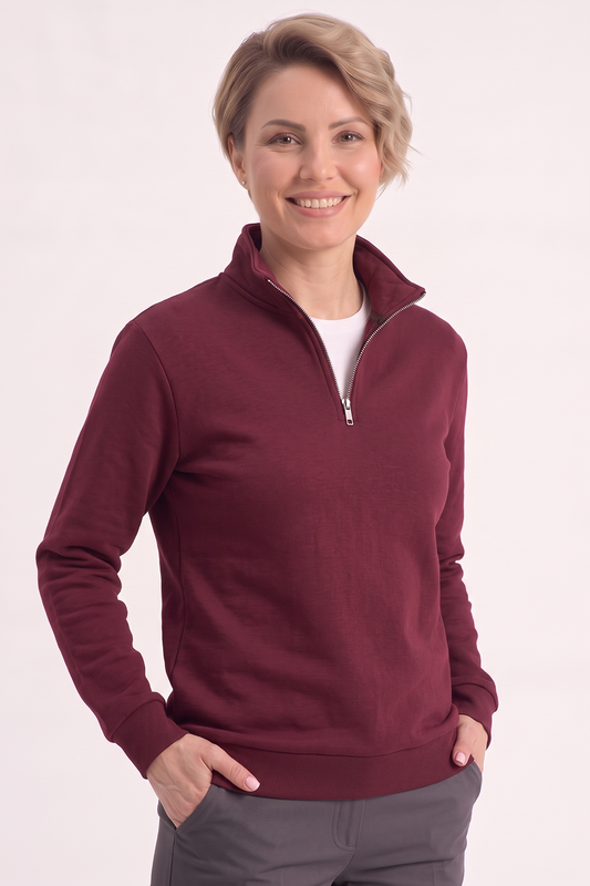 Bordo Dik Yaka Yarım Fermuarlı İş Sweatshirt 3 İplik