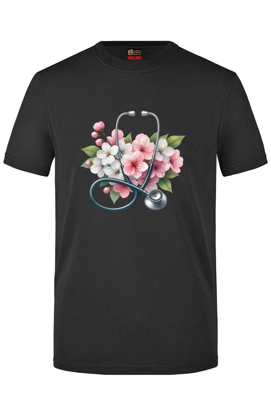 Buket Steteskop Baskılı Kısa Kol Siyah Tişört (%100 Pamuk Penye Kumaş)