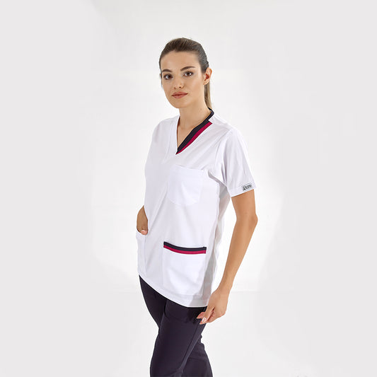 Vişne-Lacivert Çift Yakalı Doktor Hemşire Medikal Forma Tek Üst Lüks Likralı Kumaş