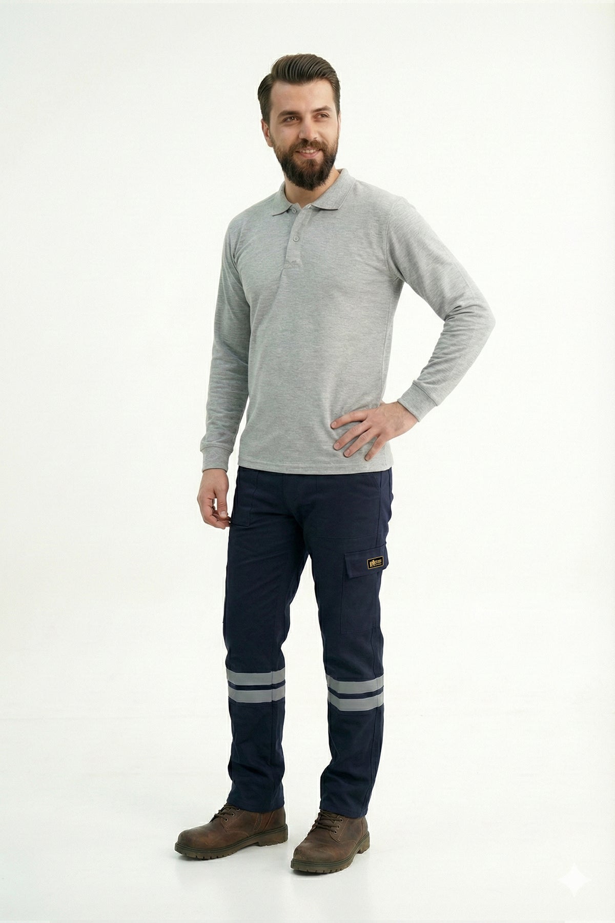 Gri Melanj Polo Yaka Uzun Kol İş Sweatshirtü Penye Lacoste Kumaş