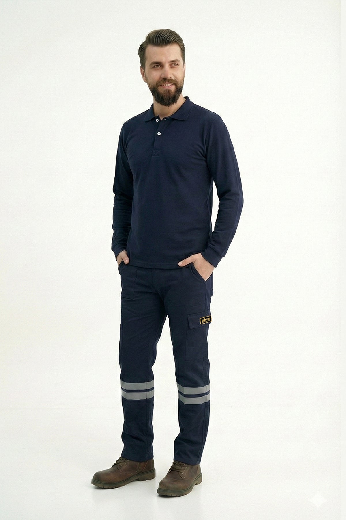 Lacivert Polo Yaka Uzun Kol İş Sweatshirtü Penye Lacoste Kumaş