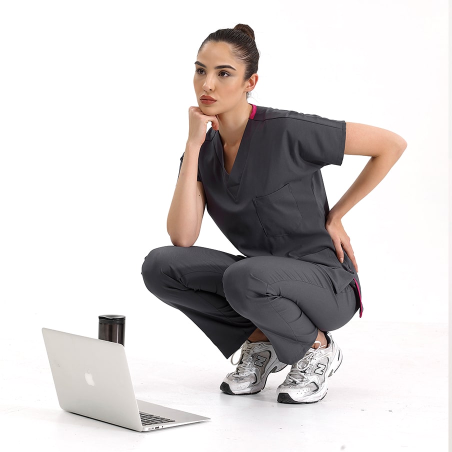 Füme Dr. Greys Doktor Hemşire Medikal Scrubs Takım Lüks Likralı Kumaş