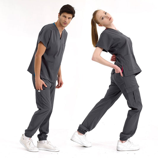 Füme Jogger Doktor Hemşire Medikal Scrubs Takım Lüks Likralı Kumaş