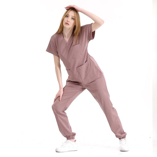 Gül Kurusu Jogger Doktor Hemşire Medikal Scrubs Takım Lüks Likralı Kumaş
