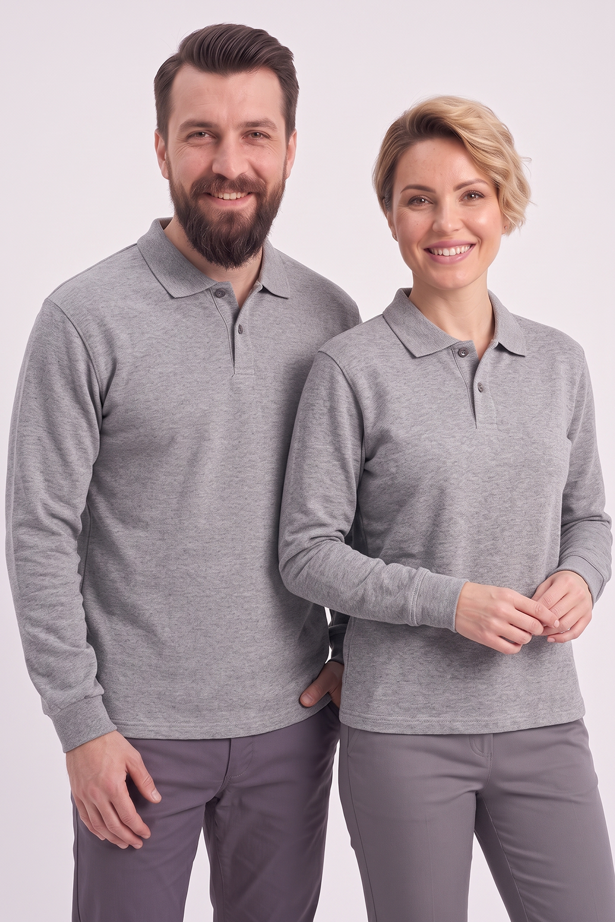 Gri Melanj Polo Yaka İş Sweatshirt 2 İplik