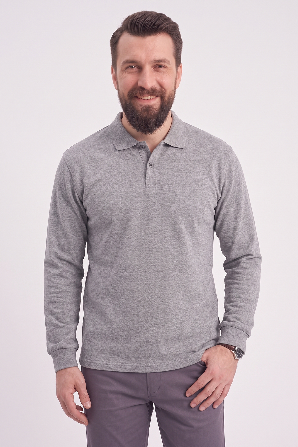 Gri Melanj Polo Yaka İş Sweatshirt 3 İplik Şardonlu