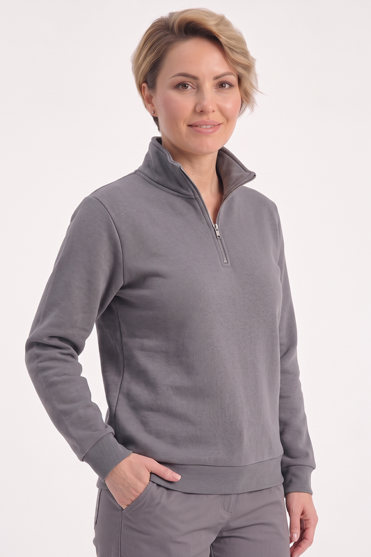 Gri Dik Yaka Yarım Fermuarlı İş Sweatshirt 3 İplik