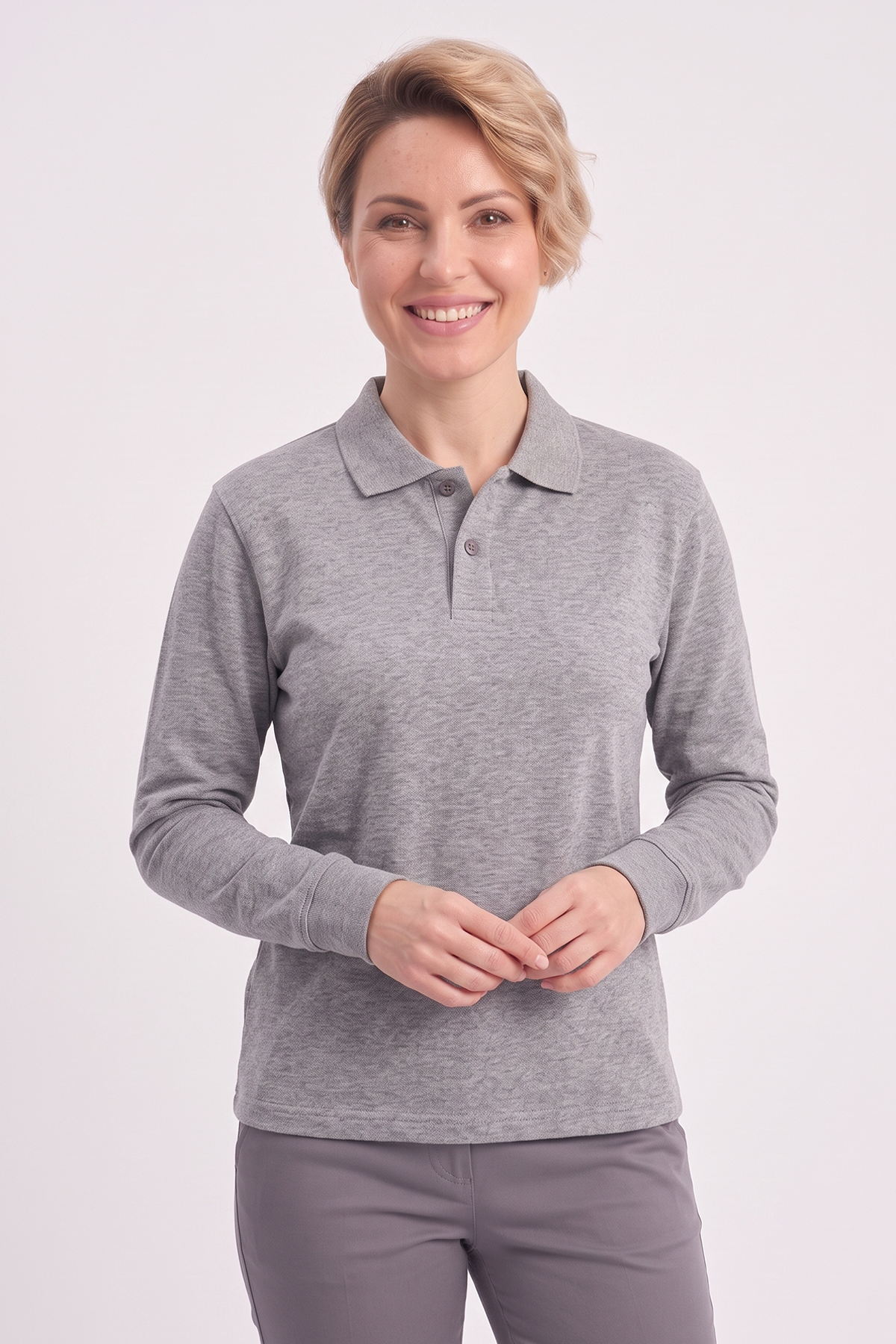 Gri Melanj Polo Yaka İş Sweatshirt 2 İplik