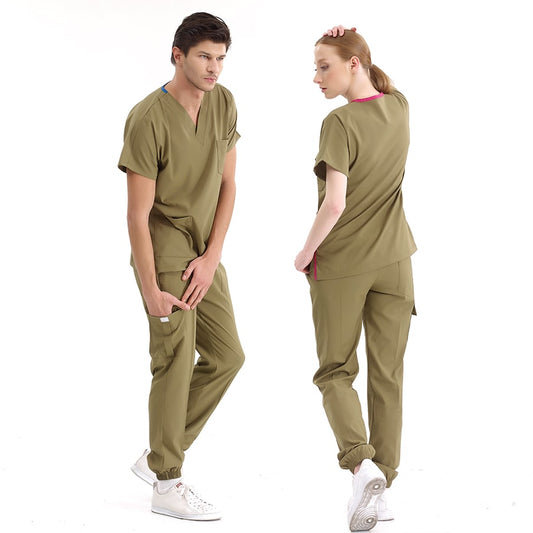 Haki Jogger Doktor Hemşire Medikal Scrubs Takım Lüks Likralı Kumaş