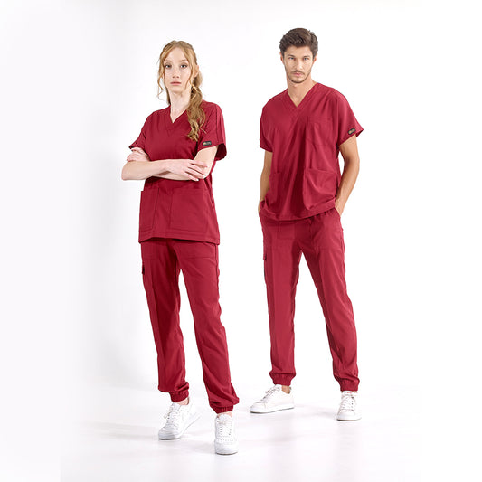 Bordo Jogger Doktor Hemşire Medikal Scrubs Takım Lüks Likralı Kumaş