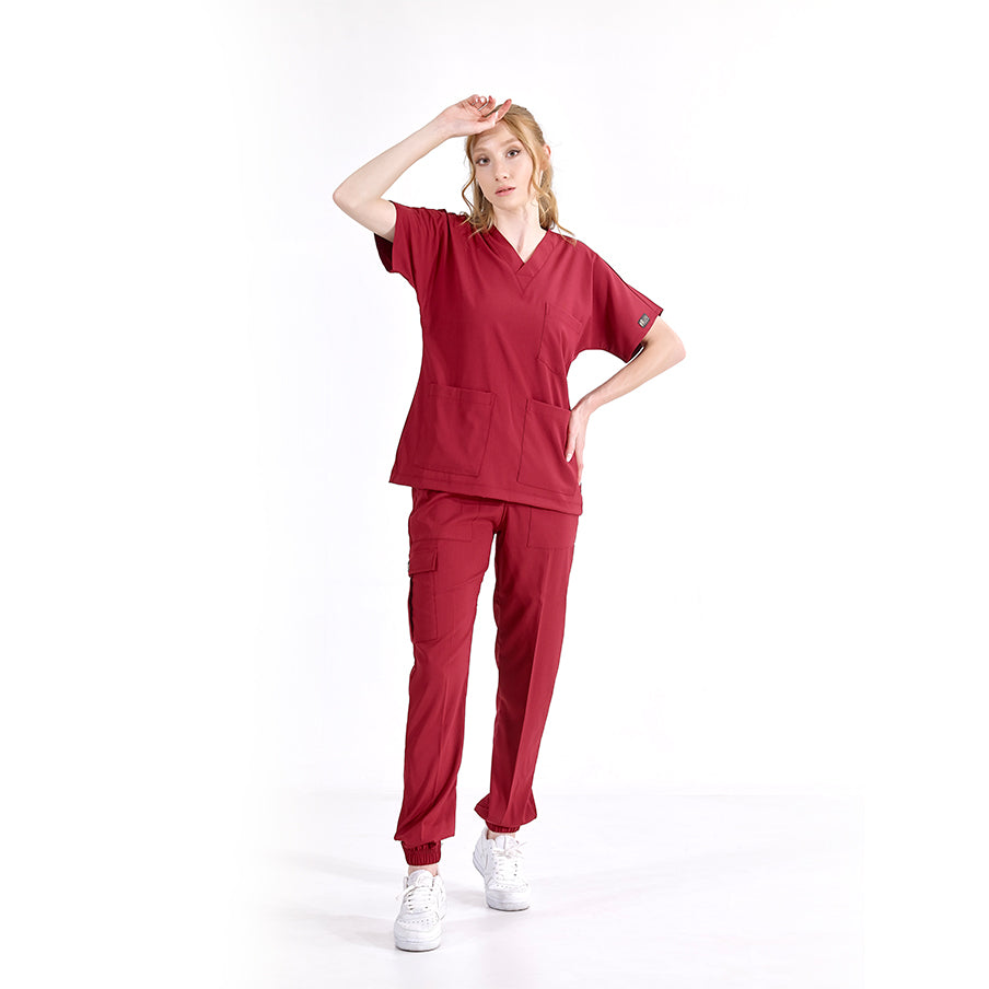 Bordo Jogger Doktor Hemşire Medikal Scrubs Takım Lüks Likralı Kumaş