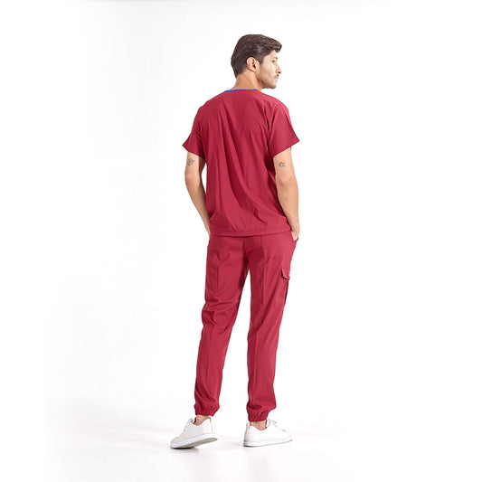 Bordo Jogger Doktor Hemşire Medikal Scrubs Takım Lüks Likralı Kumaş