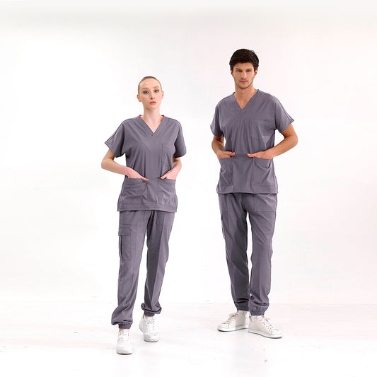 Kurşuni Gri Jogger Doktor Hemşire Medikal Scrubs Takım Lüks Likralı Kumaş